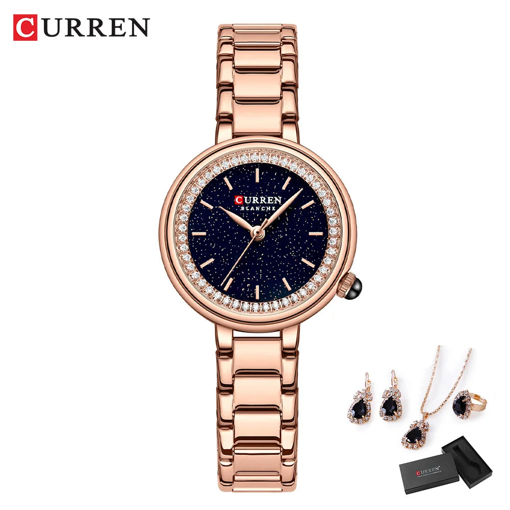 CURREN Luxury Watch Women Ring Necklace Earrings Rhinestone Fashion Wristwatch Female Casual Ladies Watches Bracelet 5PCS Set