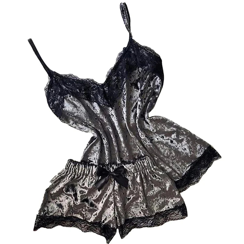 Sexy Sleepwear Bow Shorts V-Neck Tops Velvet Pajamas Sleepwear