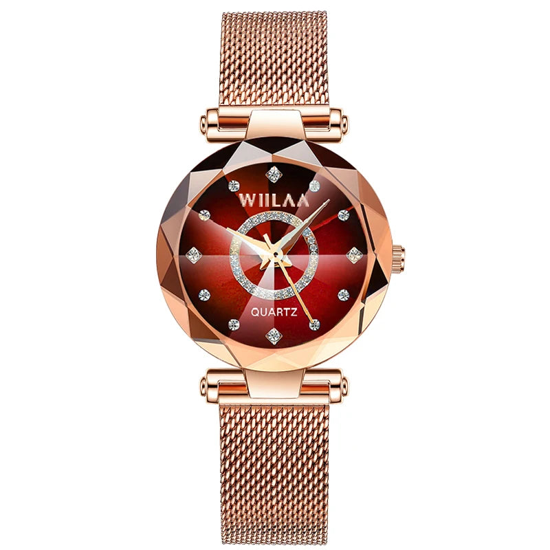 WIILAA Ocean Star Women Crystal Watch 2025 Top Brand Luxury Rose Gold Women Bracelet Wrist Watch For Ladies Relogio Feminino