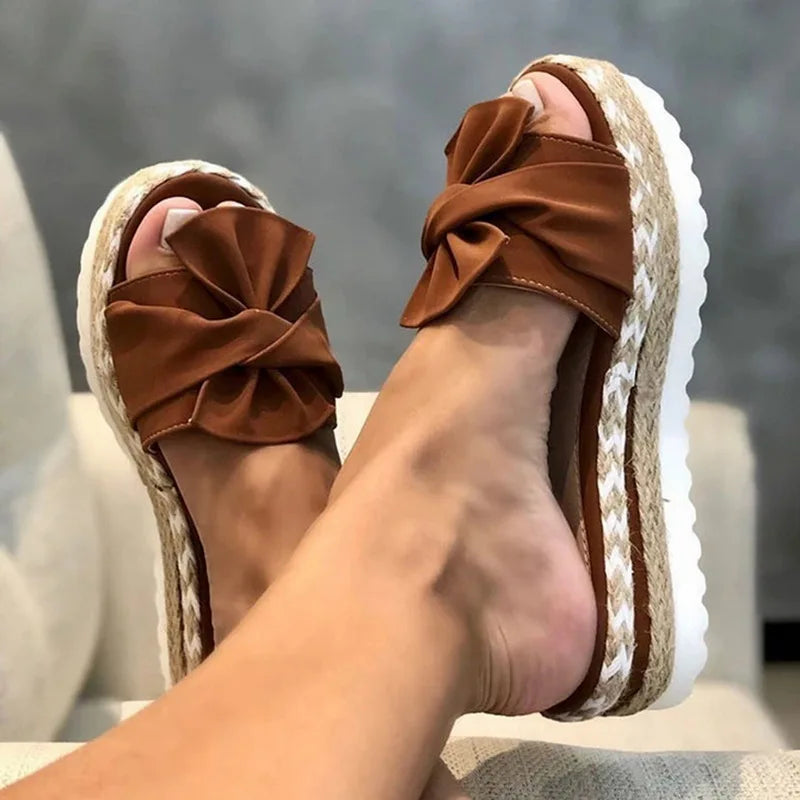 Women Bowknot Sandals  Summer Casual Daily Comfy Slip On Platform Sandals Women's Toe Breathbale Weave Sandals