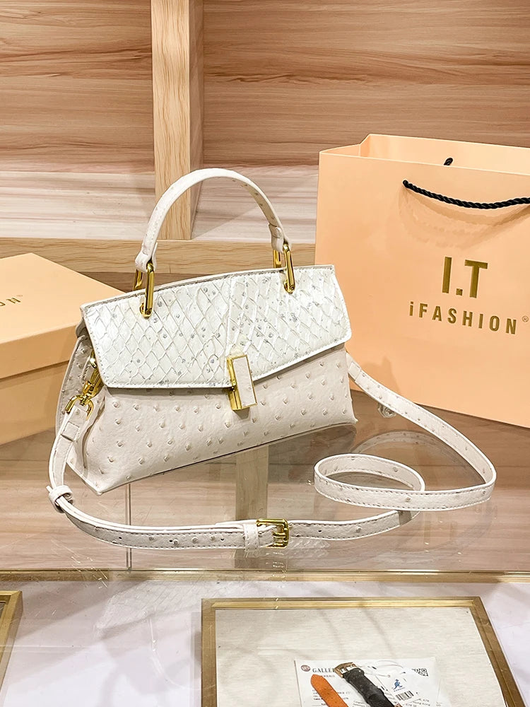 Genuine Leather Ostrich-print Shell Luxury Shoulder Bags