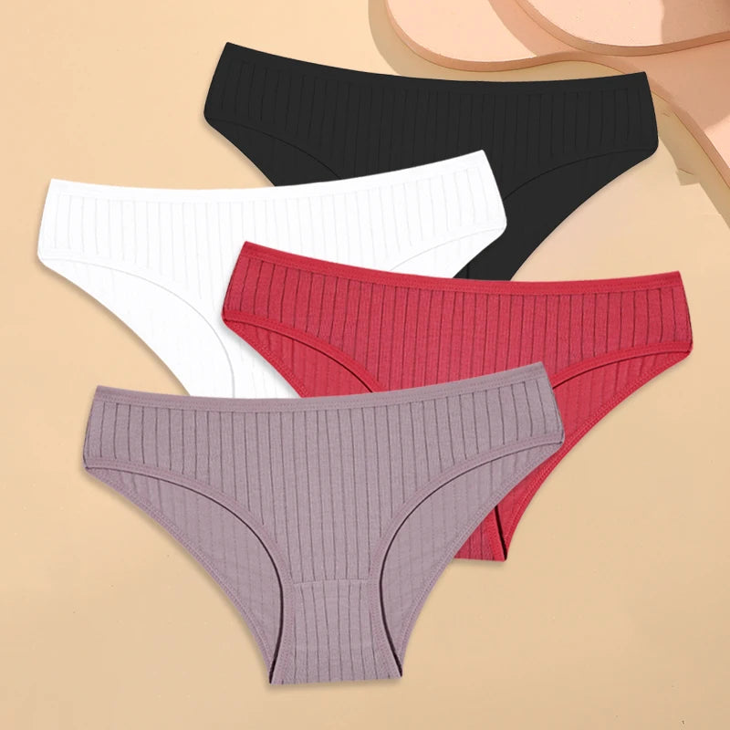 4PCS Cotton Women's Breathable Underwear Sexy Striped Panties Plus Size Low-Waist Briefs Female Comfortable Sport Lingerie S-XXL