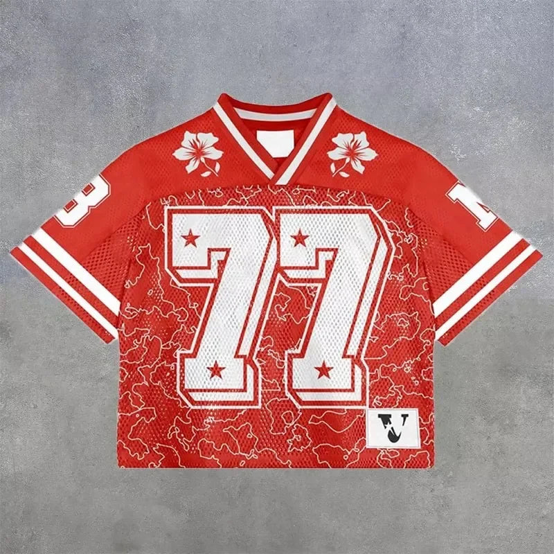 European and American trendy men T-shirts mesh short-sleeved quick-drying football jerseys retro streetwear V-neck loose tops
