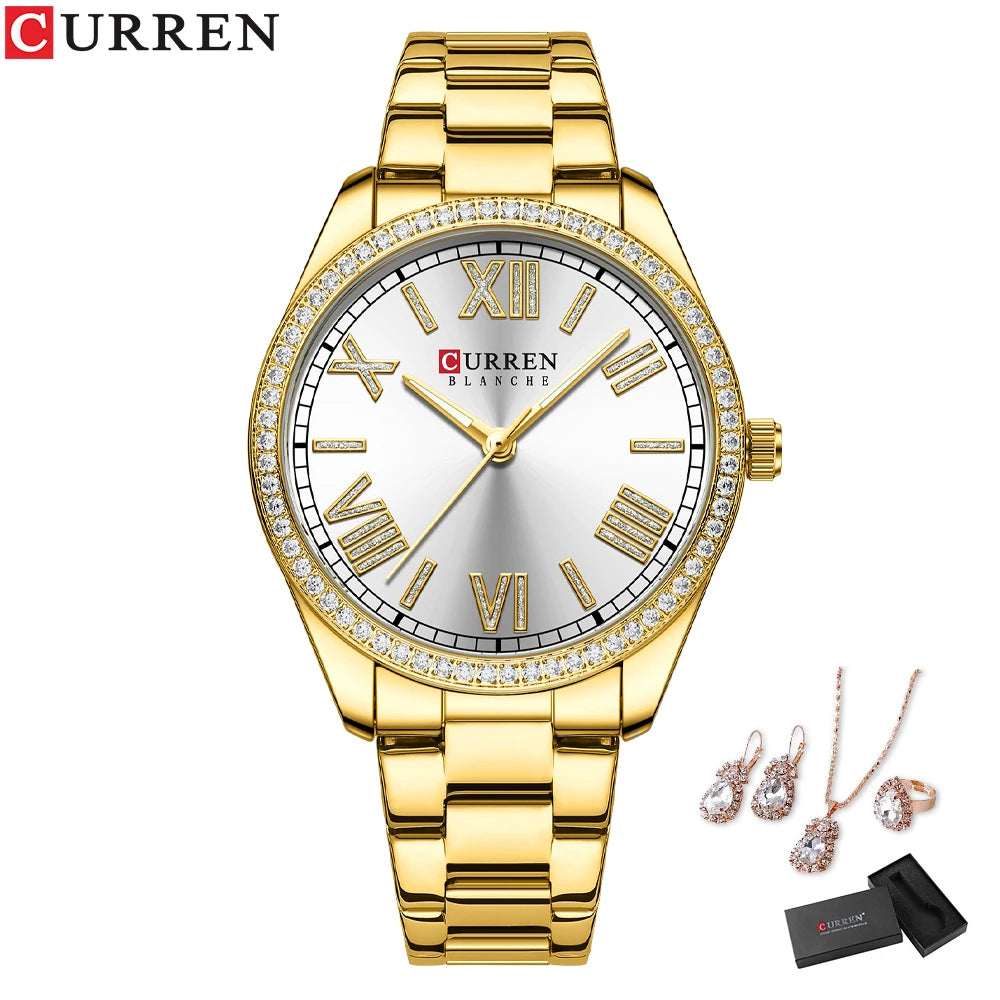 CURREN Luxury Watch Women Ring Necklace Earrings Rhinestone Fashion Wristwatch Female Casual Ladies Watches Bracelet 5PCS Set