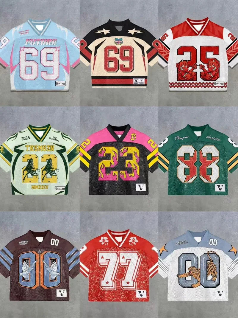 European and American trendy men T-shirts mesh short-sleeved quick-drying football jerseys retro streetwear V-neck loose tops