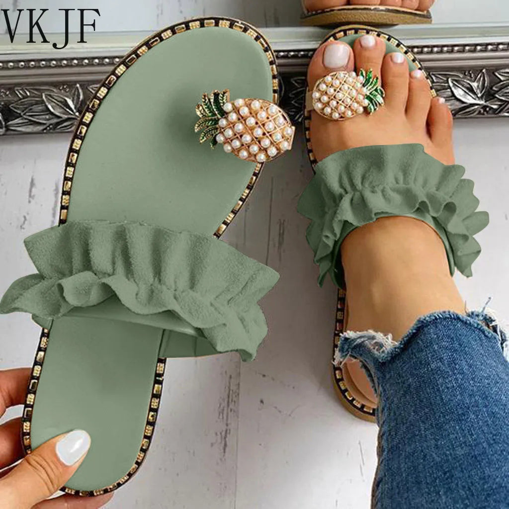 Pineapple Pearl Bohemian Flat Sandals for Women - Stylish Summer Beach Footwear, Plus Size Available