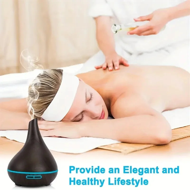 Wood Grain Aromatherapy Humidifier: 16.91oz USB Diffuser with 6 Essential Oils, Timer, LED Light, Soundwave Cold Mist for Bedroo