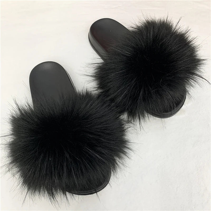 Faux Fur Slippers Women Home Fluffy Flat Slides Winter Comfort Furry House Sweet Shoes Female Slipper Indoor Flip Flops