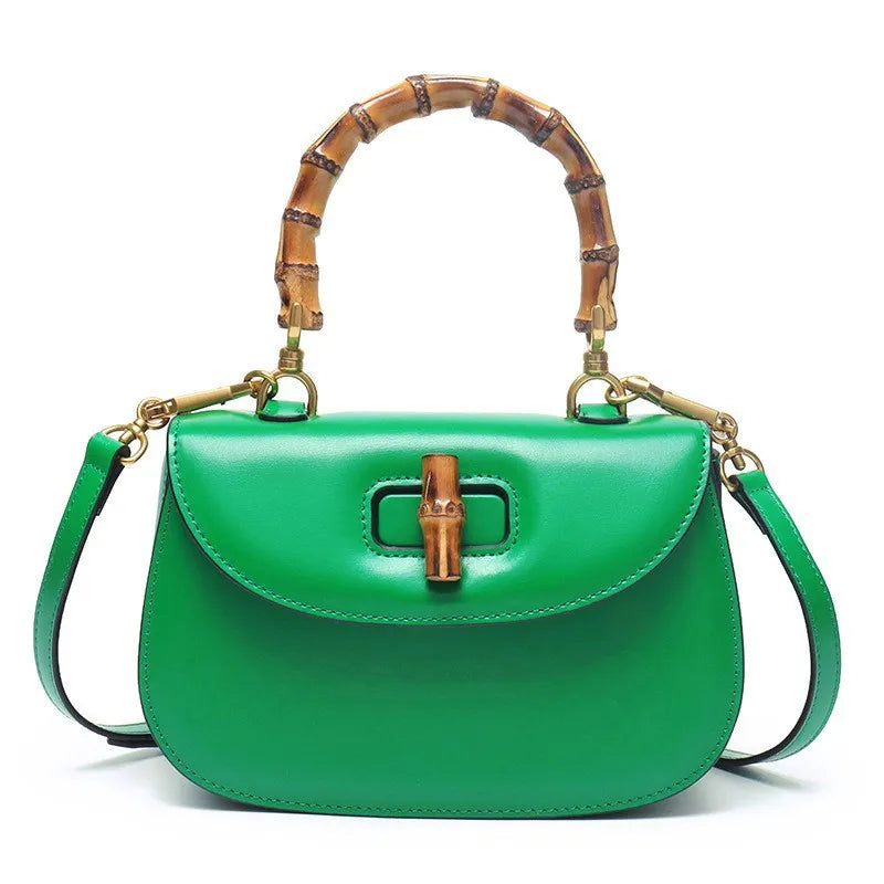 Genuine leather bamboo handle saddle bag 2025 niche design cowhide high-end single-shoulder cross-span bag fashion women haadbag