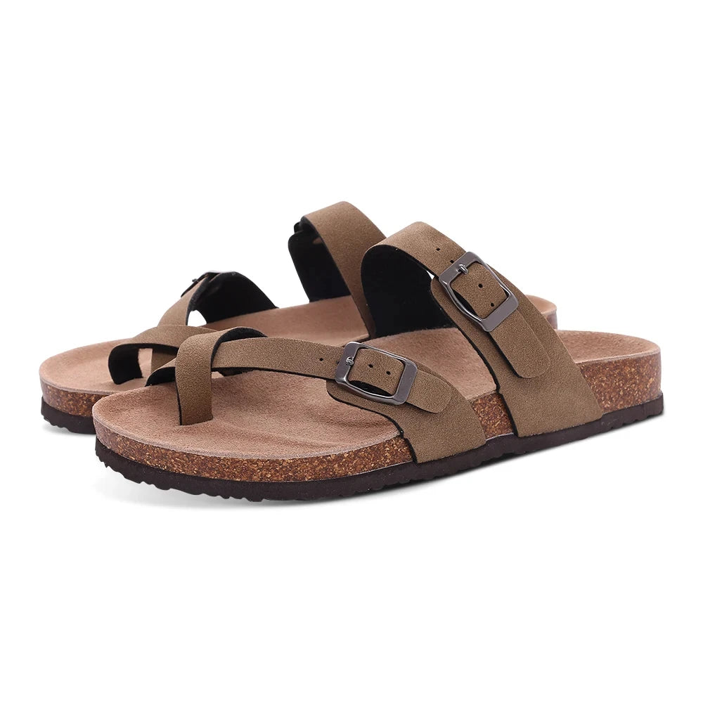 Evshine Platform Suede Sandals for Women Soft Cork Footbed Summer Slides with Adjustable Buckle Outdoor Slides With Arch Support