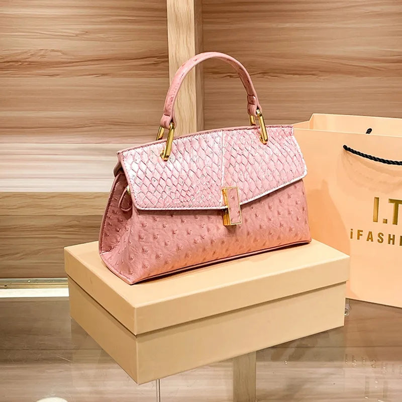 Genuine Leather Ostrich-print Shell Luxury Shoulder Bags