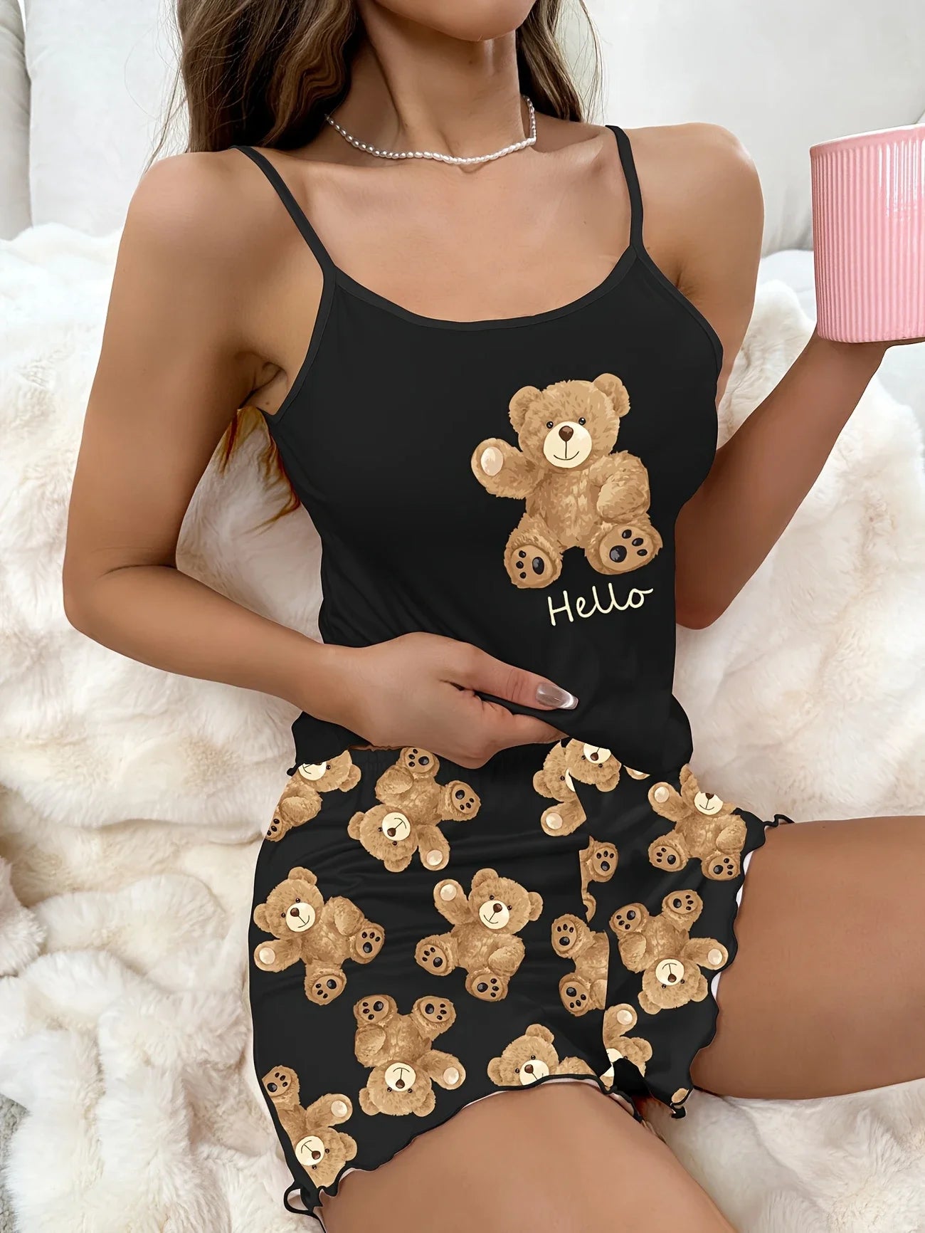 Summer Cute Black Bear Printed Sling Crop Tops and Shorts Pajamas Set for Women's Loungewear Sleepwear Home Wear Clothes