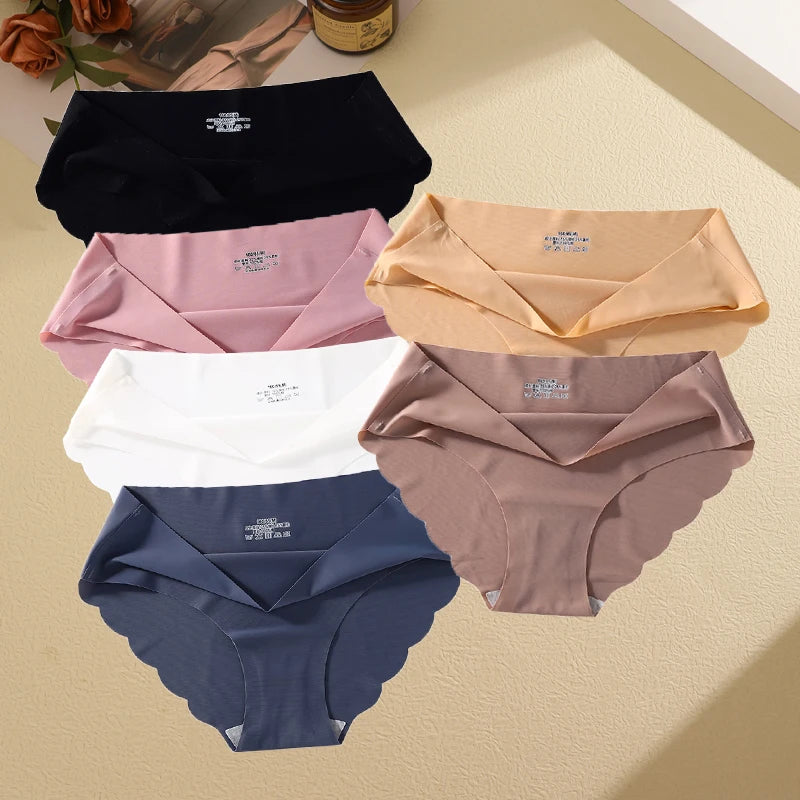 6Pcs/set Seamless Ice Silk Briefs Sexy Wavy Edge Underwear for Women Female Mid-waist Panties M-XL High Elasticity Lingerie New