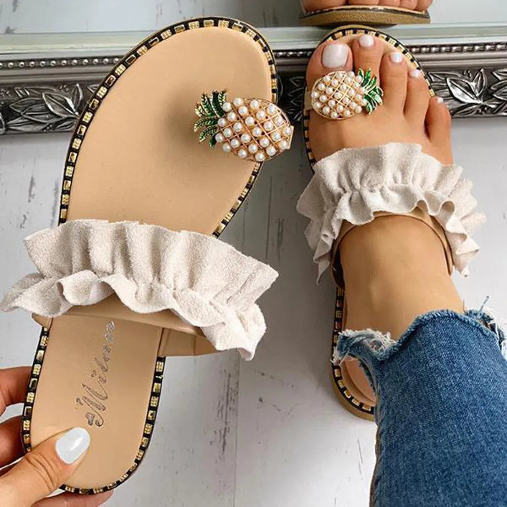 Pineapple Pearl Bohemian Flat Sandals for Women - Stylish Summer Beach Footwear, Plus Size Available