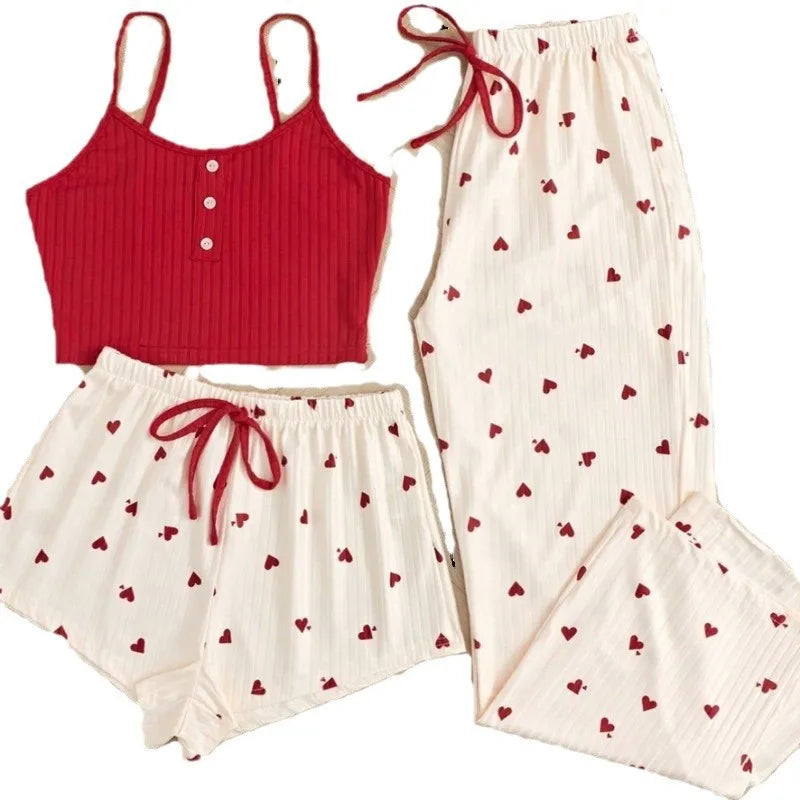 3pcs Women's Pajamas Heart-shaped Printed Vest Shorts And Pants Paired With Ribbed Fabric