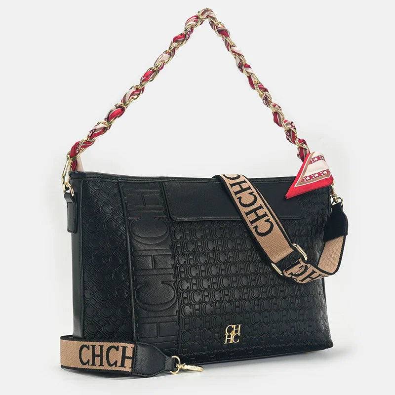 CH Fashion Chain Block Letter Print Wrap Silk Scarf Tote Bag Classic Square Shoulder Bag
