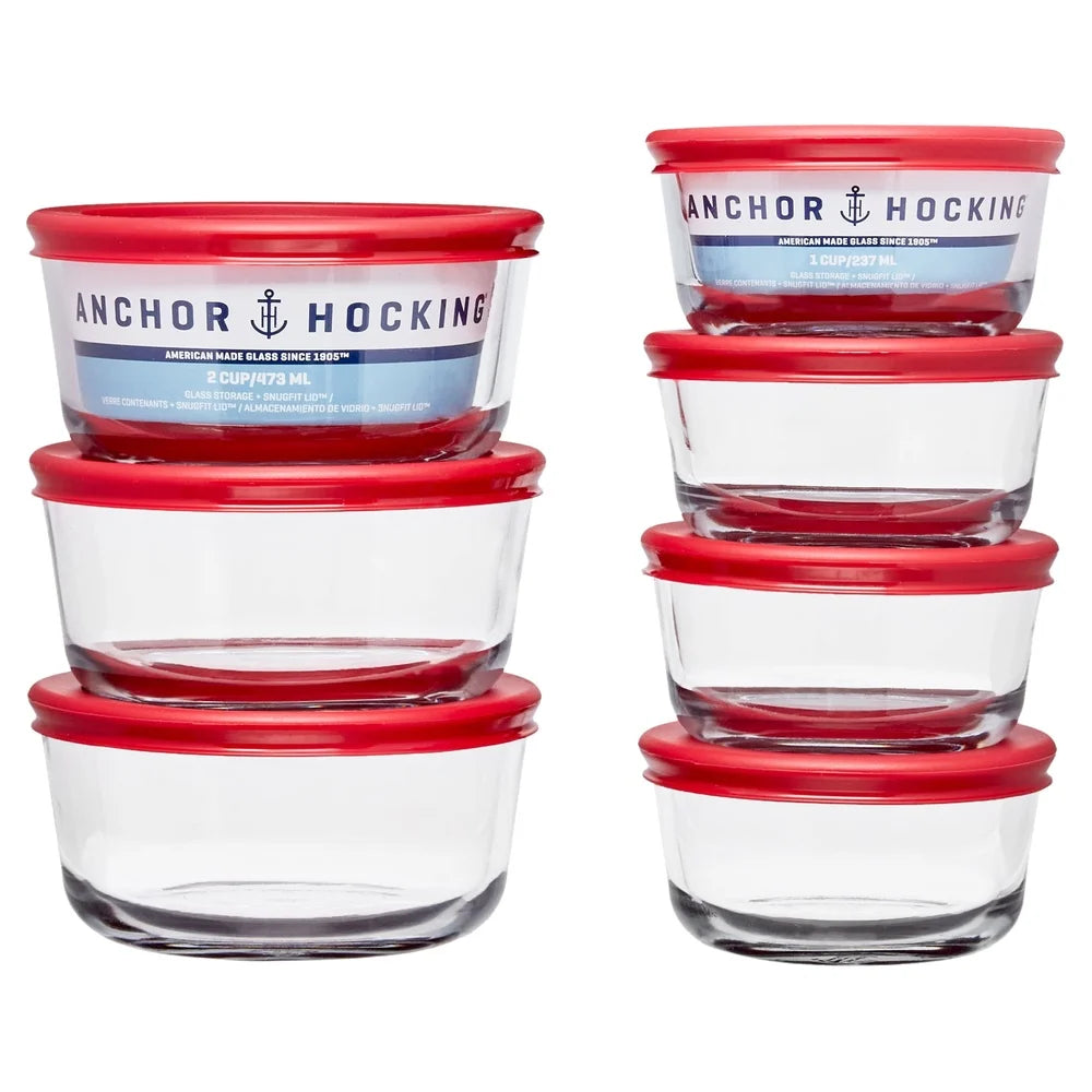 14-Piece Clear Glass Food Storage Containers Set Non-Toxic Stackable Microwave Dishwasher Freezer Safe Red Lids Ideal Kitchen