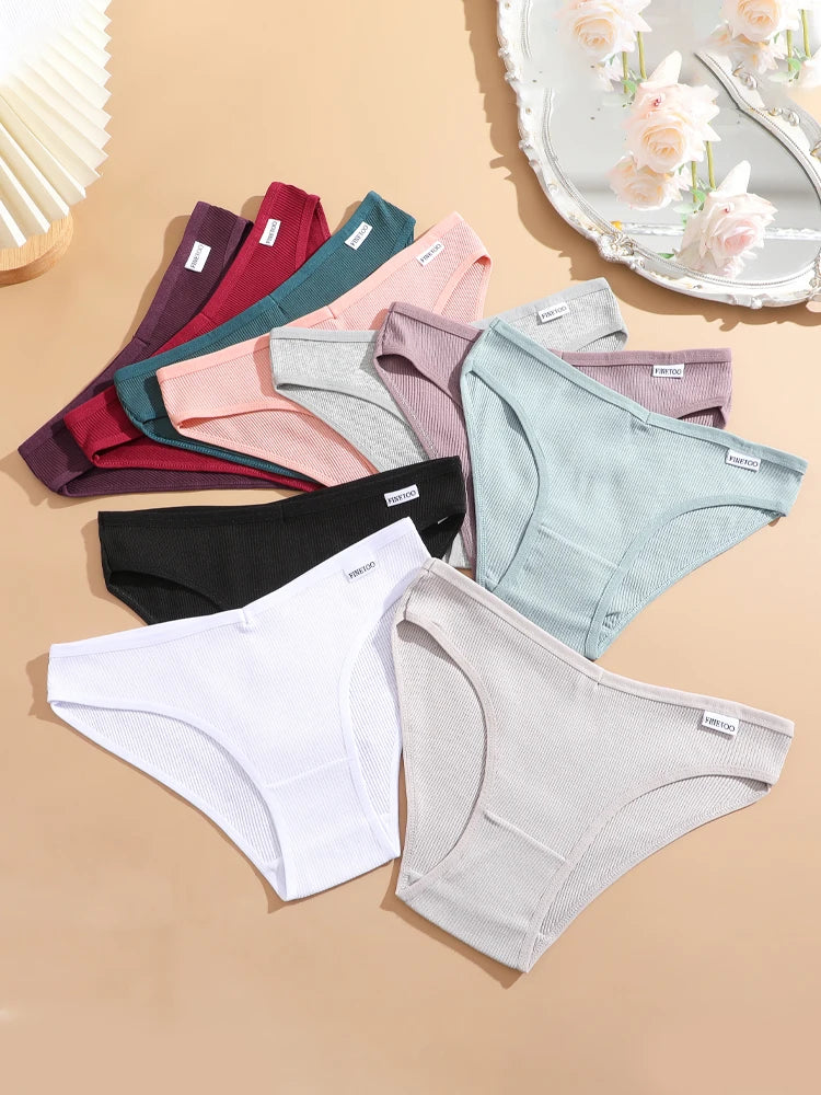 FINETOO 7Pcs Cotton M-3XL Striped Underwear Women's Breathable Panties Sexy V Waist Comfortable Briefs Ladies Low Waist Lingerie