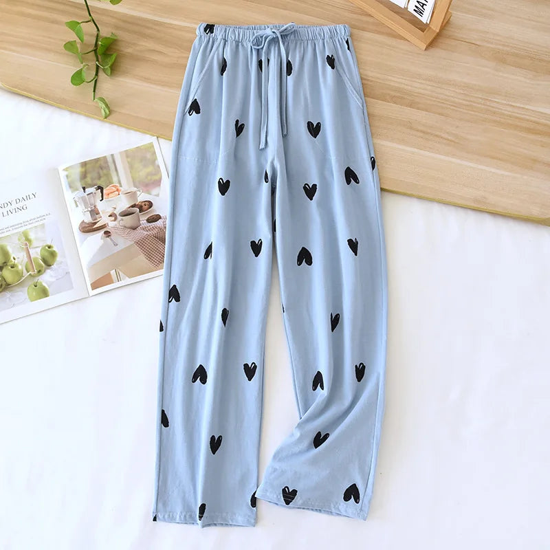 New Spring/Summer Women's Sleeping Pants 100% Pure Cotton Knitted Love Pants Straight Leg Casual Home Pants Lounge Wear