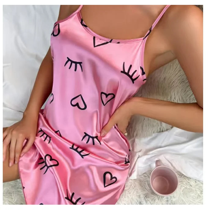 Women Sexy Black Floral Printing Nightdress Sleepwear Nightshirts Silk Nightgowns