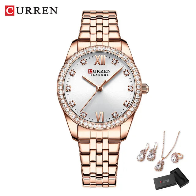 CURREN Luxury Watch Women Ring Necklace Earrings Rhinestone Fashion Wristwatch Female Casual Ladies Watches Bracelet 5PCS Set