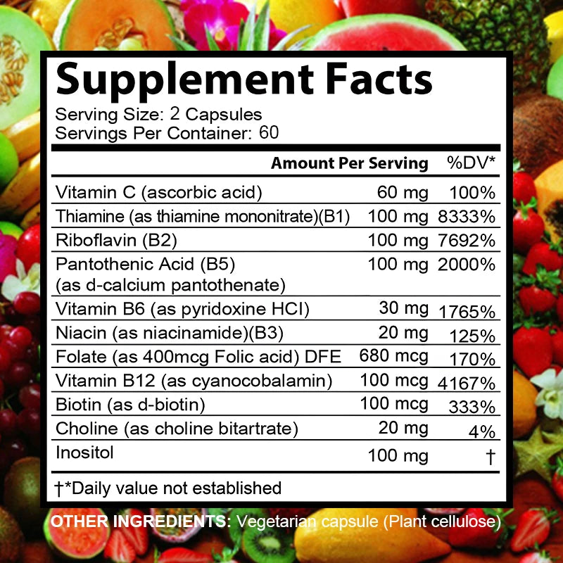 B Vitamins, Folic Acid & Vitamin C Supplement, Immune System Support, Nerve Health & Metabolism, Mood Support 120 Capsules