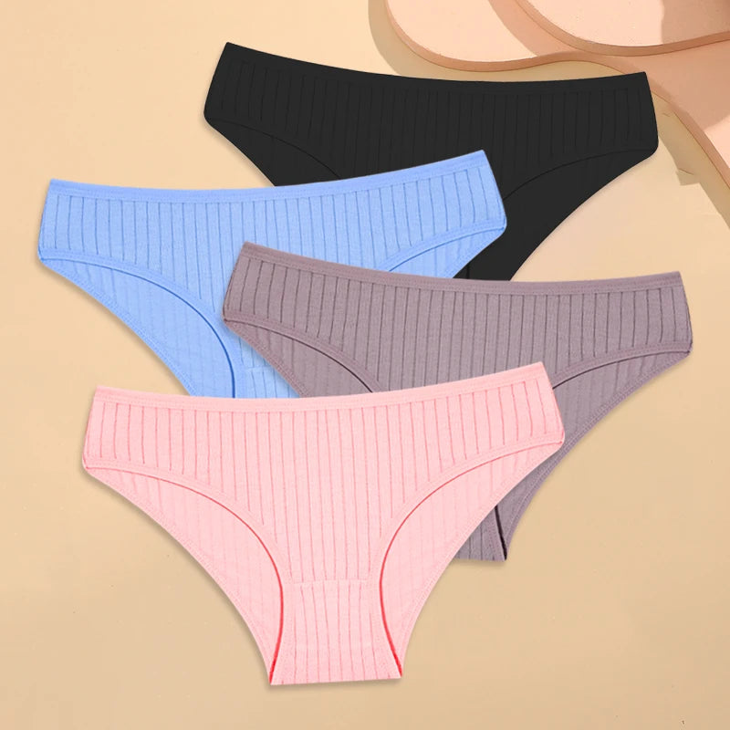 4PCS Cotton Women's Breathable Underwear Sexy Striped Panties Plus Size Low-Waist Briefs Female Comfortable Sport Lingerie S-XXL