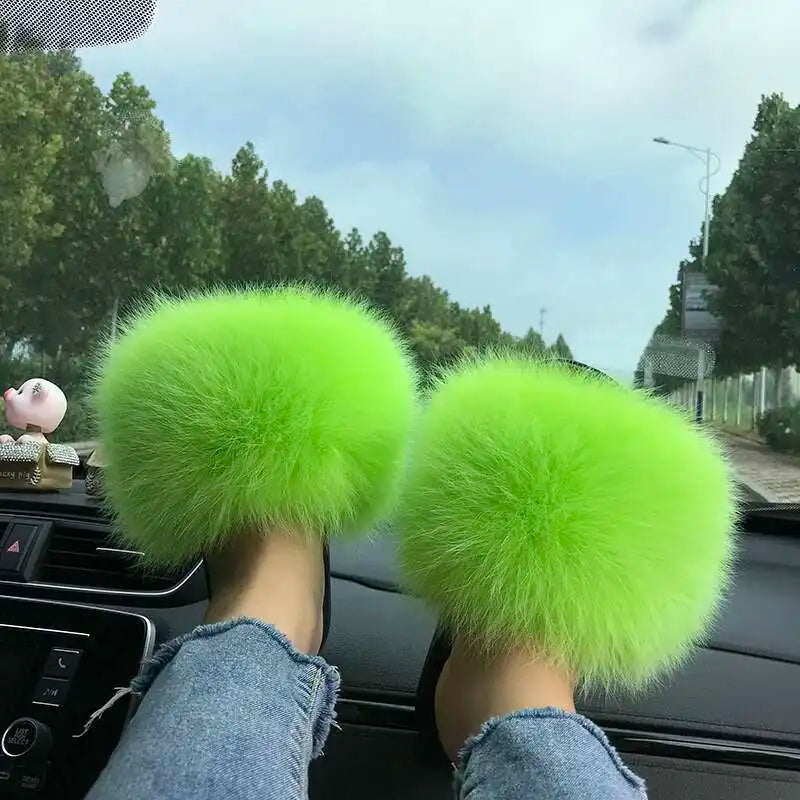 Fur Slippers Women Summer Fluffy Plush Casual Fluffy Flat Non-Slip Real Fox Fur Slides Outdoor Flat Ladies Sandals Flip Flops