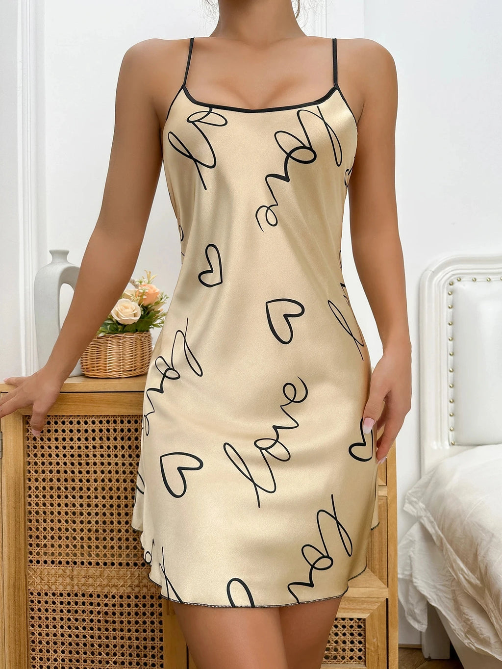 Heart Letter Print Nightdress Casual Round Neck Spaghetti Strap Sleepwear