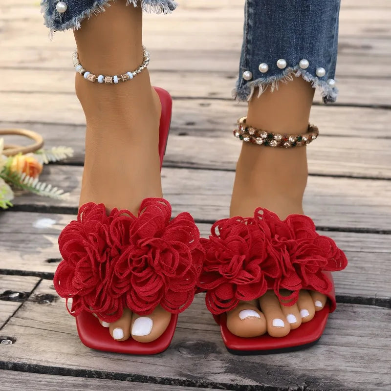 Plus Size Cool Drag Women's Summer New Square Toe Open Toe Outside Wear Flower Soft Sole Flat Slip Beach Shoes