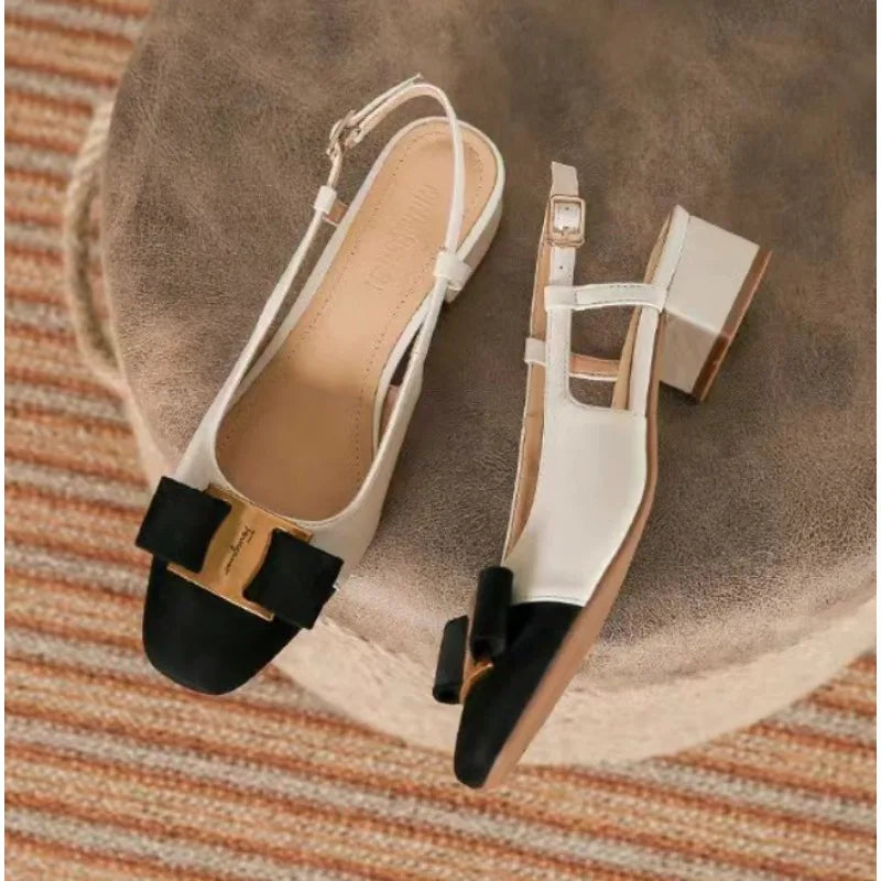 Luxury New Women's Sandals Elegant Medium Heel Toe Mules Comfortable Office Women's Shoes Buckle Heels Women Pumps