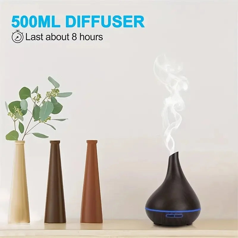 Wood Grain Aromatherapy Humidifier: 16.91oz USB Diffuser with 6 Essential Oils, Timer, LED Light, Soundwave Cold Mist for Bedroo