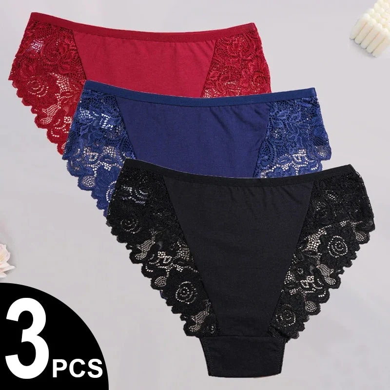 3PCS/Set Sexy Embroidery Lace Cotton Panties Women's Breathable Soft Comfy Panties Underwear S-XXL