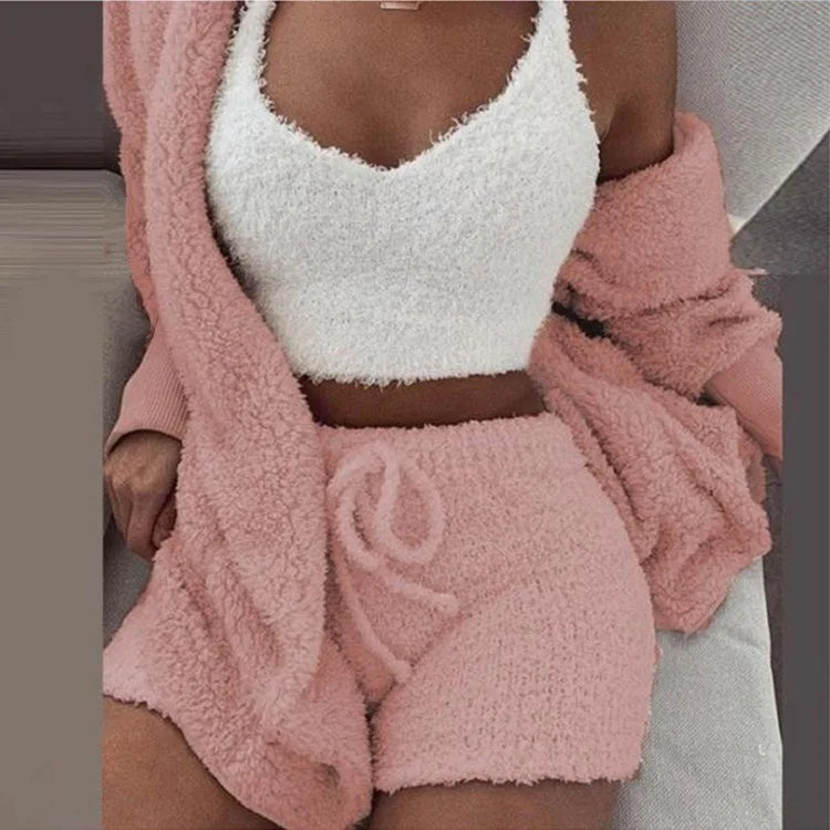 Fluffy Pajamas Set Casual Sleepwear Shorts 3 Pieces Pijamas