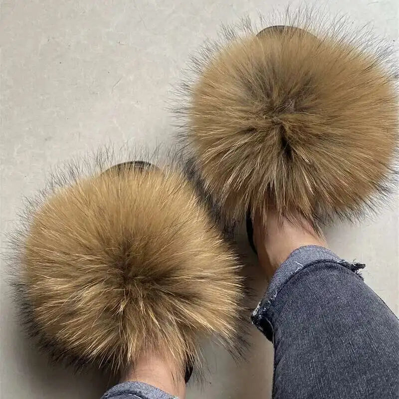 Fur Slippers Women Summer Fluffy Plush Casual Fluffy Flat Non-Slip Real Fox Fur Slides Outdoor Flat Ladies Sandals Flip Flops
