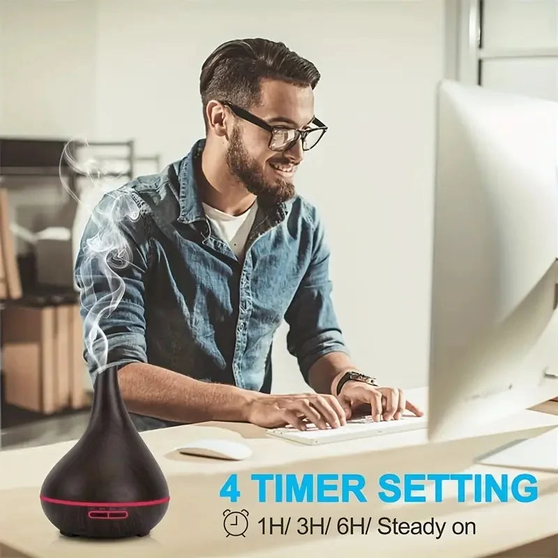 Wood Grain Aromatherapy Humidifier: 16.91oz USB Diffuser with 6 Essential Oils, Timer, LED Light, Soundwave Cold Mist for Bedroo