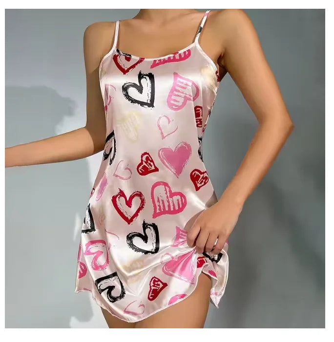 Women Sexy Black Floral Printing Nightdress Sleepwear Nightshirts Silk Nightgowns