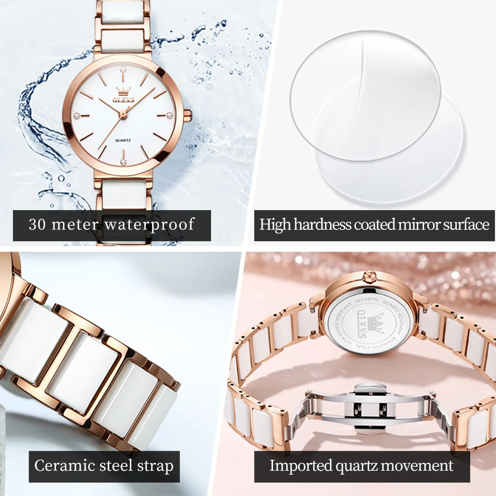 OLEVS 5877 Women Watch Luxury Elegant Brand Quartz Watch Ceramic Strap Waterproof Luminous  Ladies Watch Bracelet Set Original