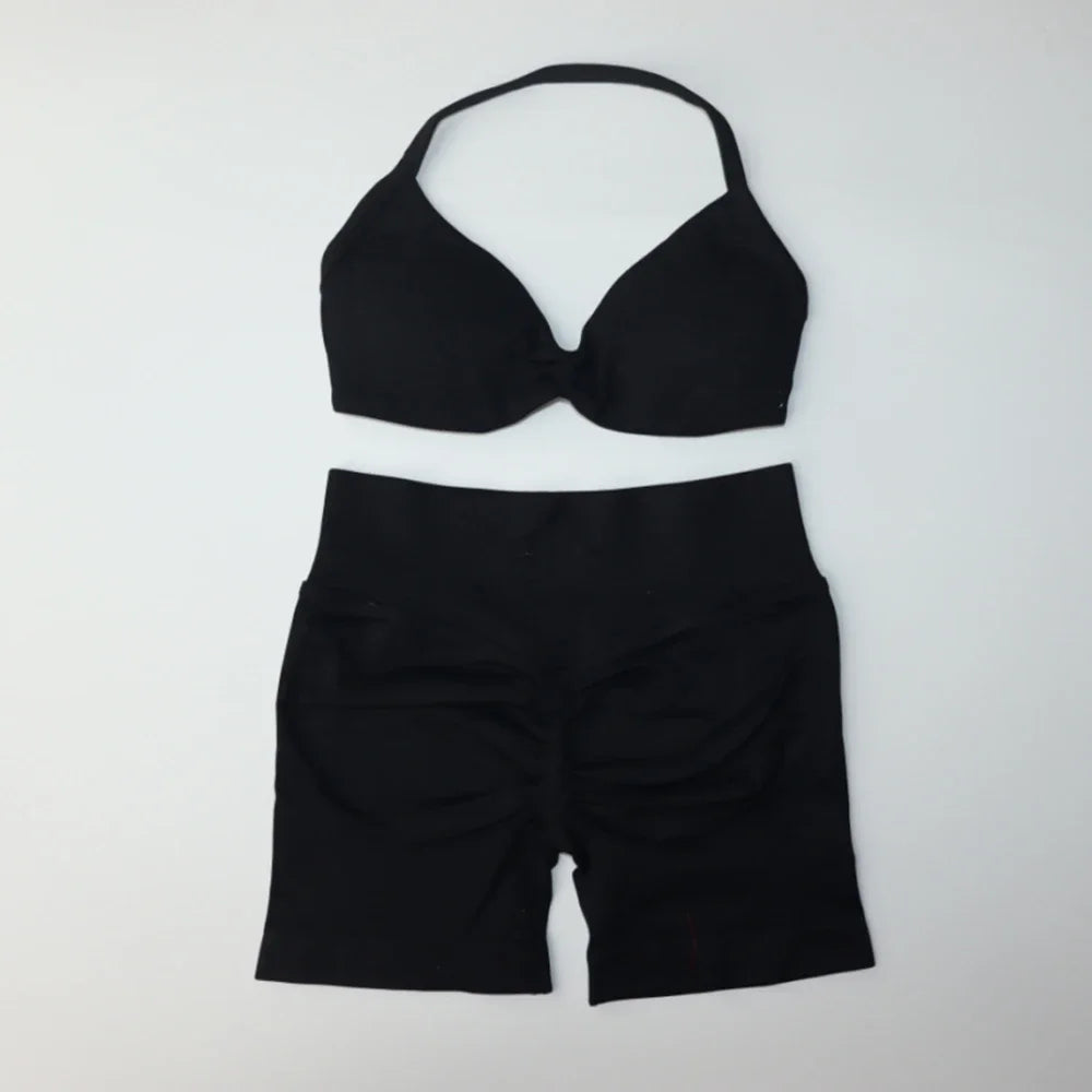 Impact Gym Set Women Two Piece Strappy Yoga Bra Top Workout Scrunch Shorts Suit Fitness Clothes Seamless Sportswear Workout Set