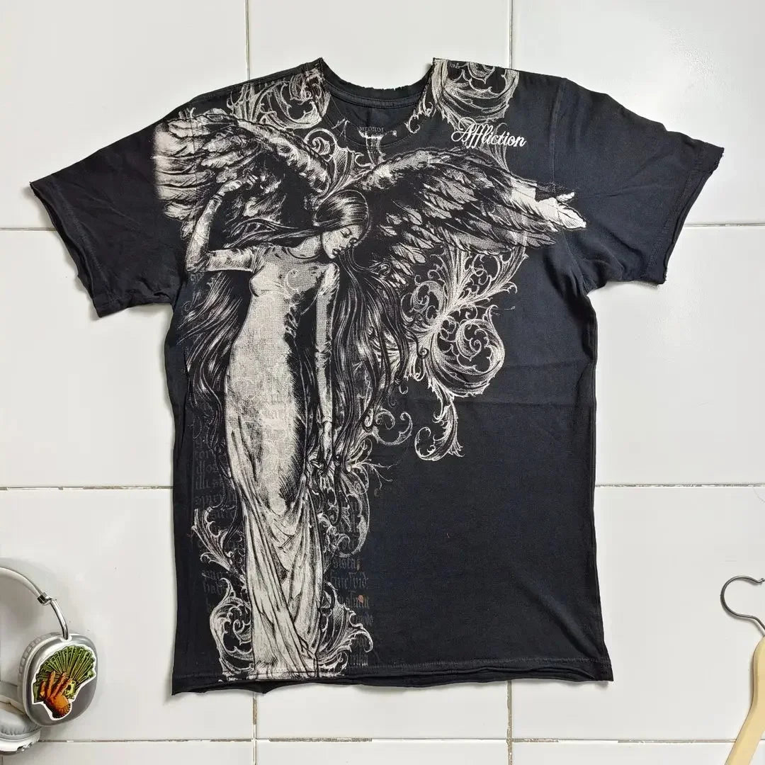 Graphic T-Shirt Mens Large Grunge Wings  Pure Cotton Shirt