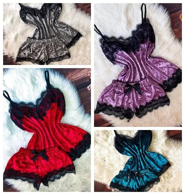 Sexy Sleepwear Bow Shorts V-Neck Tops Velvet Pajamas Sleepwear