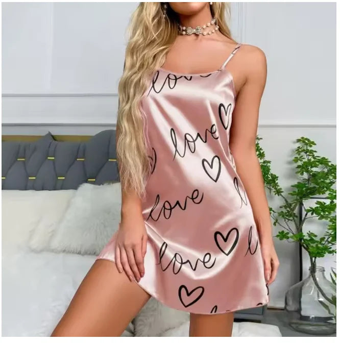 Women Sexy Black Floral Printing Nightdress Sleepwear Nightshirts Silk Nightgowns