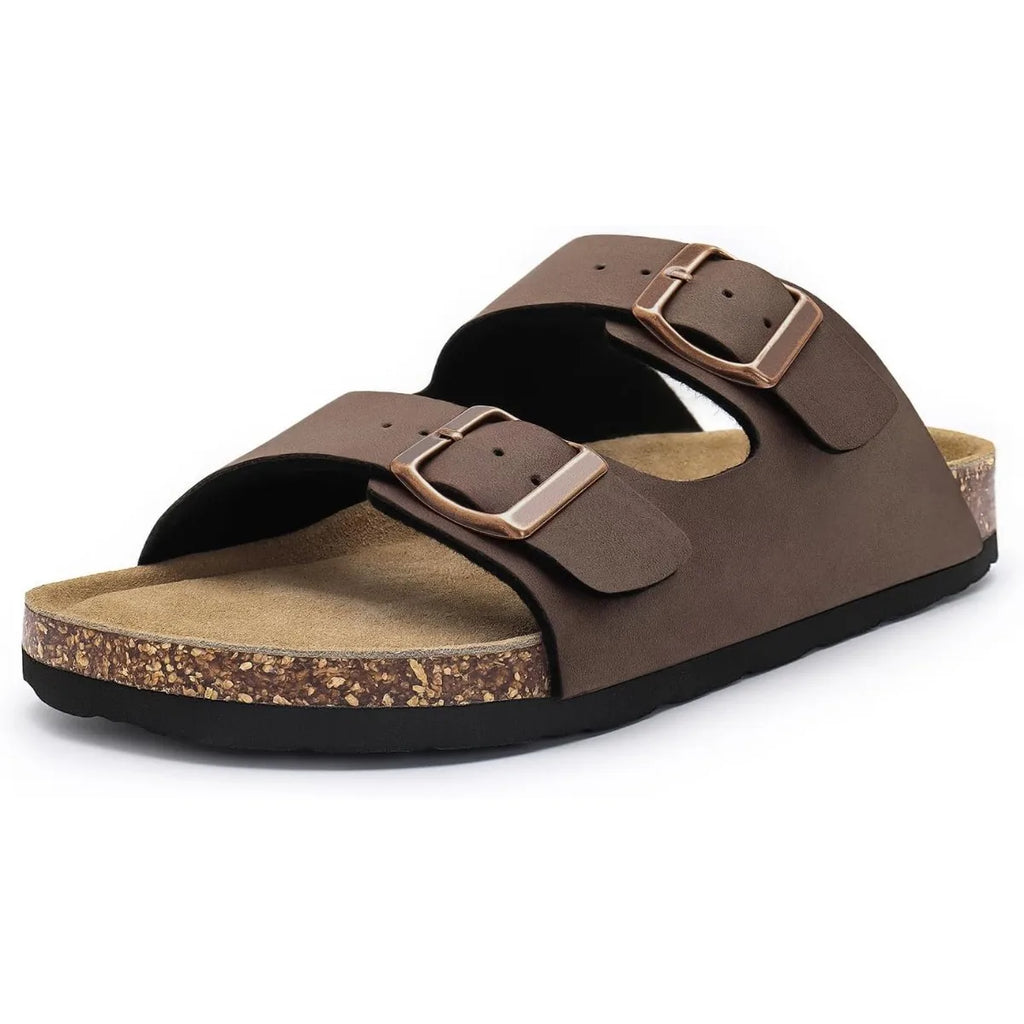 Women's Flat Sandals Cork Footbed Slide Sandals Arch Support Slip on Slides with Adjustable Buckle
