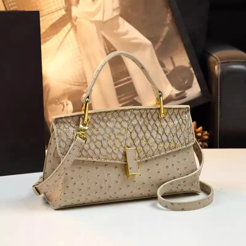 Genuine Leather Ostrich-print Shell Luxury Shoulder Bags