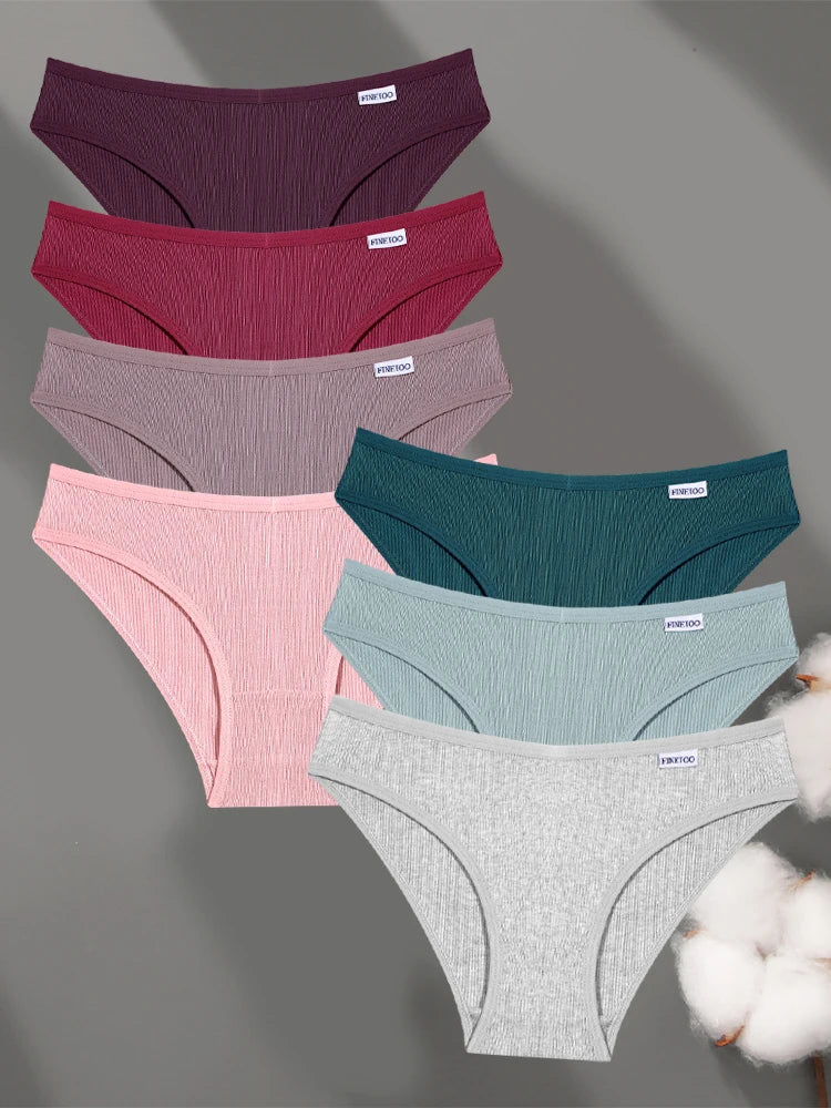 FINETOO 7Pcs Cotton M-3XL Striped Underwear Women's Breathable Panties Sexy V Waist Comfortable Briefs Ladies Low Waist Lingerie