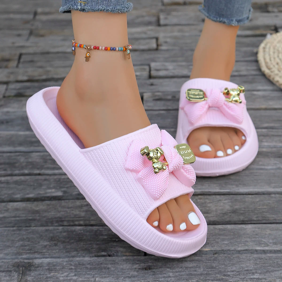 Summer Women's Multi-Color Slippers Adorable Metallic Bear Bow Decor Versatile Sandals Beach Walk home Shower Slip-On slippers