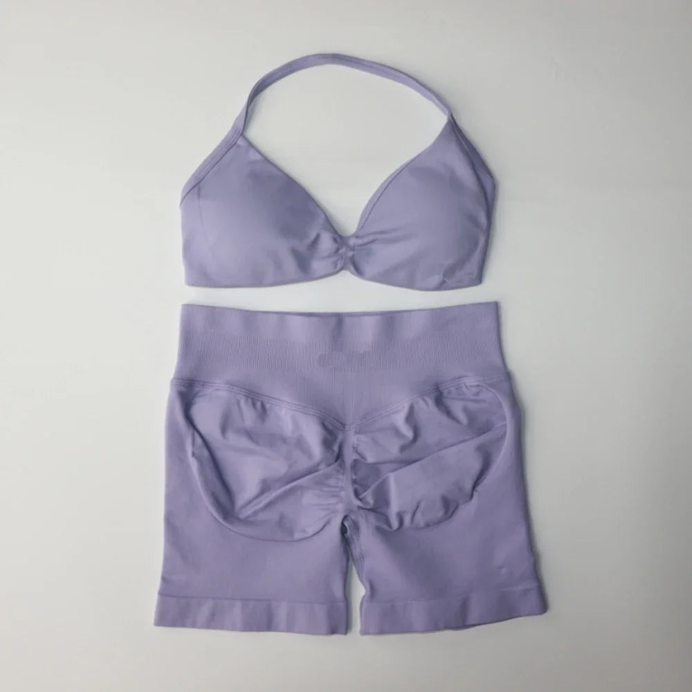Impact Gym Set Women Two Piece Strappy Yoga Bra Top Workout Scrunch Shorts Suit Fitness Clothes Seamless Sportswear Workout Set