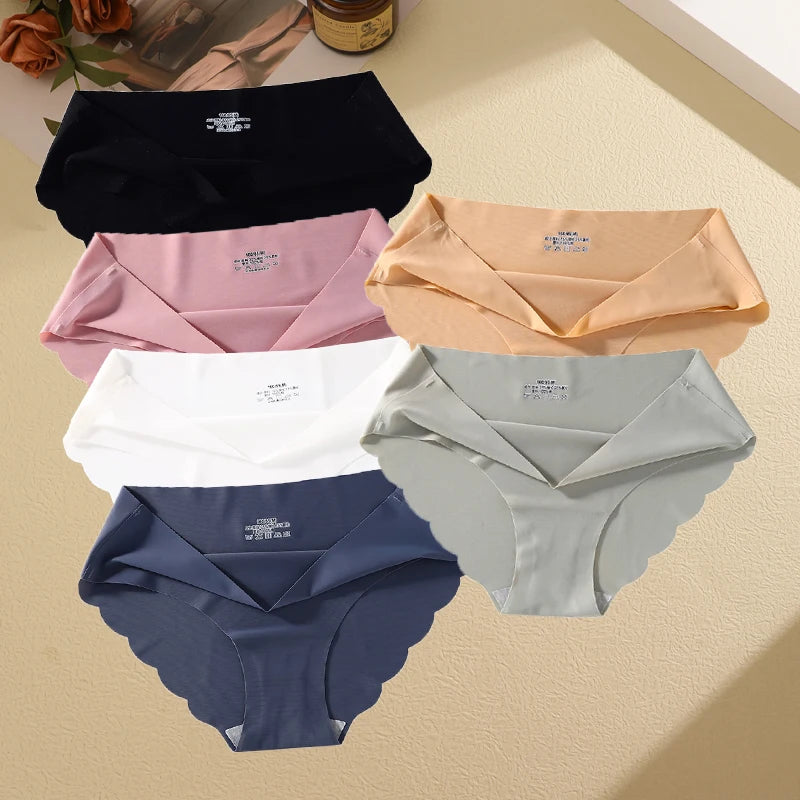 6Pcs/set Seamless Ice Silk Briefs Sexy Wavy Edge Underwear for Women Female Mid-waist Panties M-XL High Elasticity Lingerie New