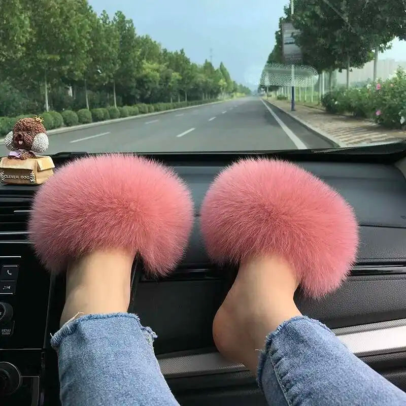 Fur Slippers Women Summer Fluffy Plush Casual Fluffy Flat Non-Slip Real Fox Fur Slides Outdoor Flat Ladies Sandals Flip Flops