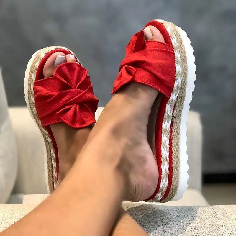 Women Bowknot Sandals  Summer Casual Daily Comfy Slip On Platform Sandals Women's Toe Breathbale Weave Sandals